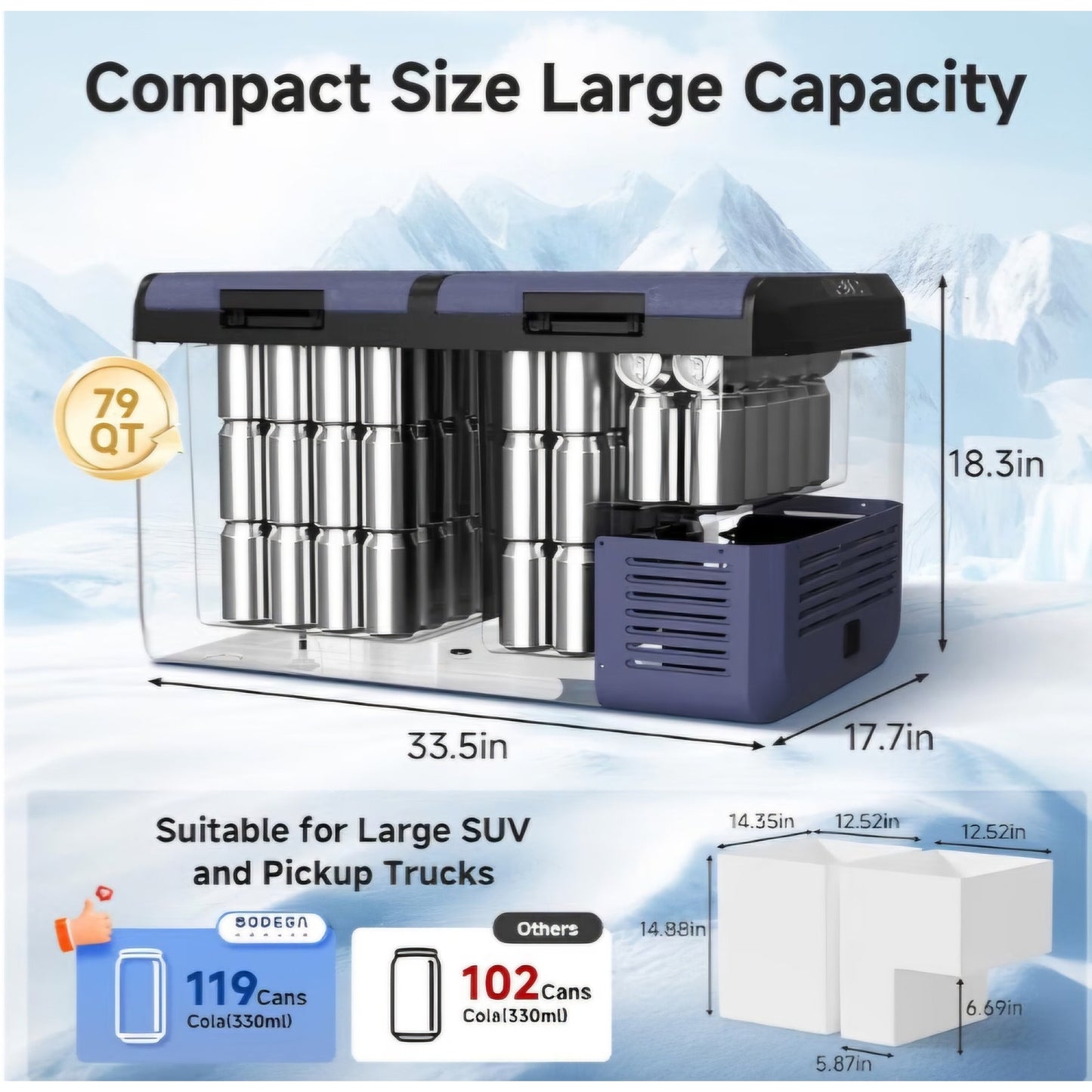 BODEGACOOLER 12 Volt Car Refrigerator, 79QT(75L) IPX4 Waterproof Electric Cooler