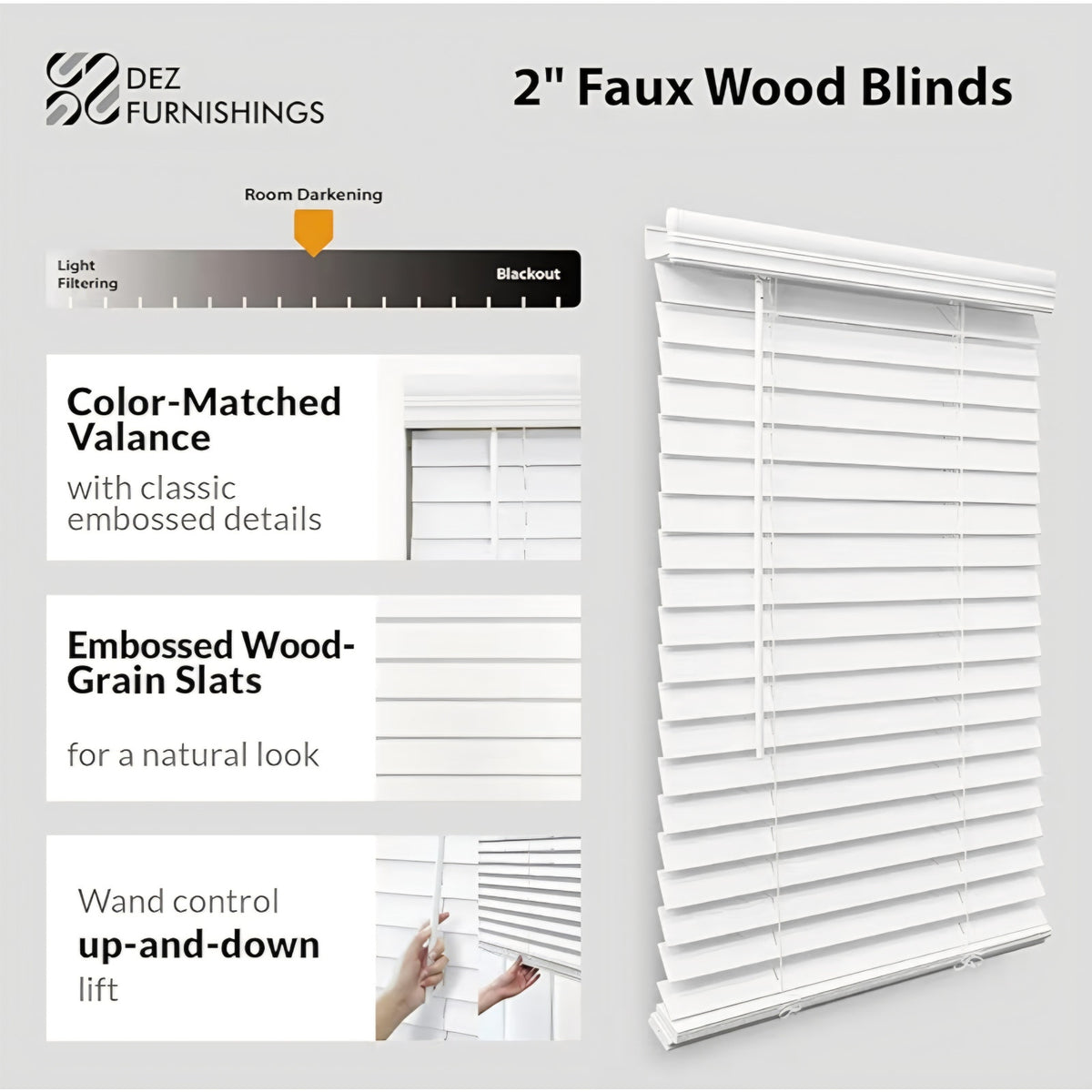 DEZ FURNISHINGS Cordless 2" Faux Wood Blind, 70" W x 72" H, White