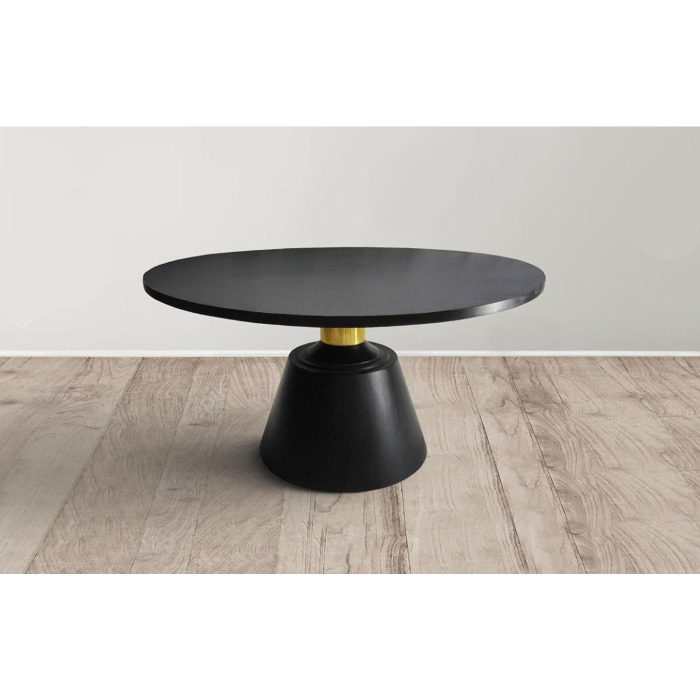 The Urban Port Fawn 32 Inch Coffee Table, Mango Wood Round Top, Modern Tapered Pedestal Base, Shiny