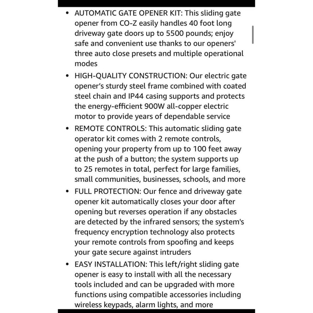 Sliding Gate Opener with 2 Remote Controls, Electric Rolling Driveway Fence Slide Gate Motor