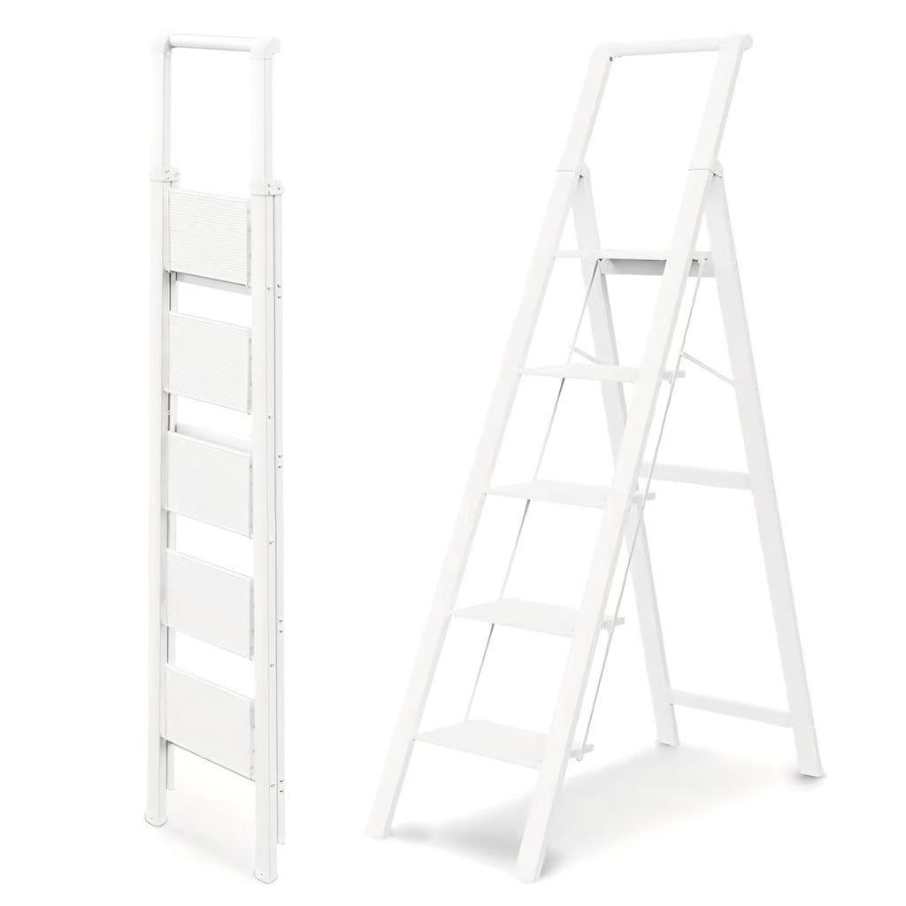5 Step Ladder, Ladders for Home, Anti-Slip Pedals, Foldable, Lightweight to Move 300lbs - White