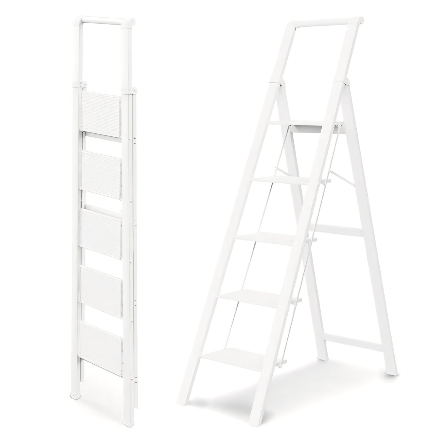5 Step Ladder, Ladders for Home, Anti-Slip Pedals, Foldable, Lightweight to Move 300lbs - White