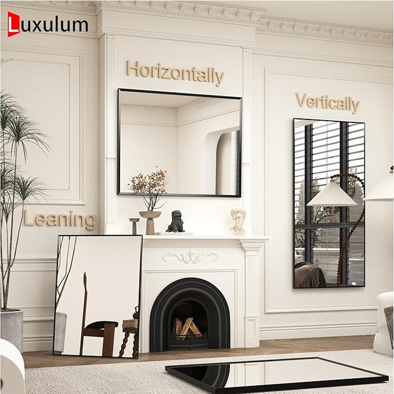 66" x 40"Matte Black Bathroom Mirror for Wall, Rectangular Beveled Mirror with Aluminum Alloy Frame