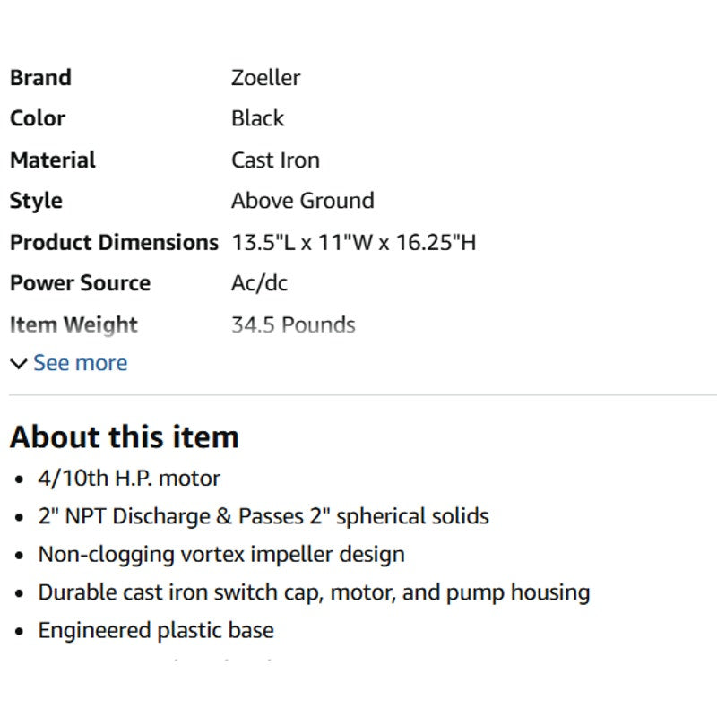 Zoeller M264 Waste-Mate Sewage Pump, 4/10th Horsepower, 115V