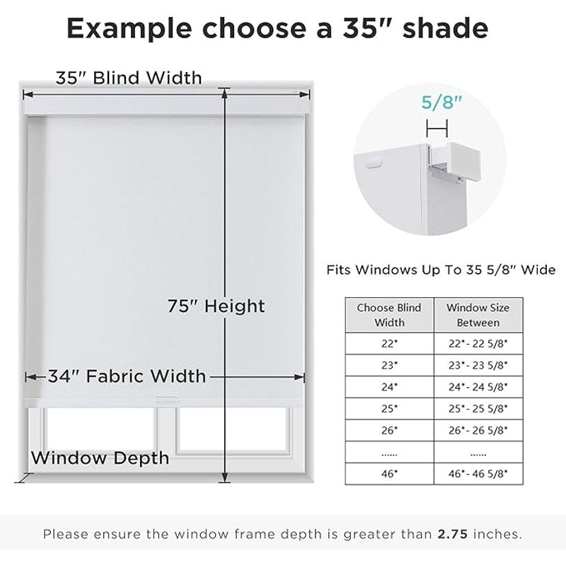 Joydeco No Drill Blackout Shades, Free-Stop Cordless Roller Shades,  (White, 23" W x 75" H).