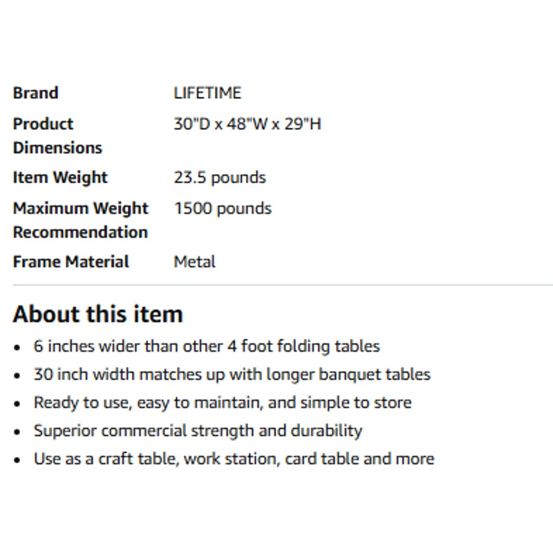 Lifetime 80568 48" x 30" Wide Folding Utility Table