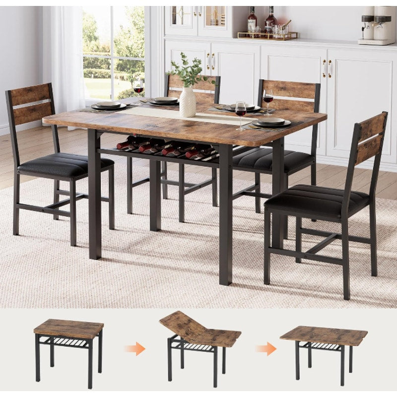 MapleGrace Extendable Dining Table Set for 4 with Built-in Shelf Rack Brown