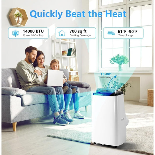 14000 BTU Portable Air Conditioner, with Remote Control 3-in-1 Ultra-Quiet Cooling, Dehumidifier & Fan for Rooms Up to 700 Sq. Ft. – Sleep Mode, 24H Timer & Windows Kit