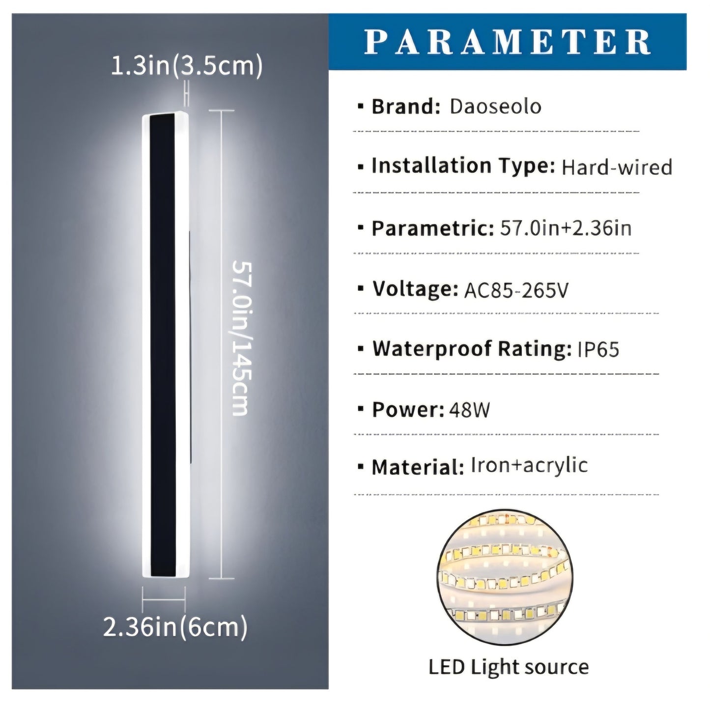 57inch Exterior Wall Light Fixture, 6000K Cold White, Modern Long Outdoor Wall Sconce
