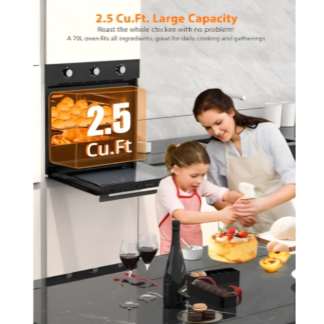 24Inch Built-in Electric Single Wall Oven2.5 Cu.ft Stainless Steel Convection Oven with 8 Functions