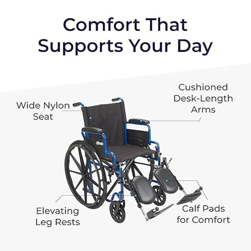 Drive Medical Blue Streak Lightweight Foldable Wheelchair- Padded Comfort- Blue/Black- 18 Inch Seat