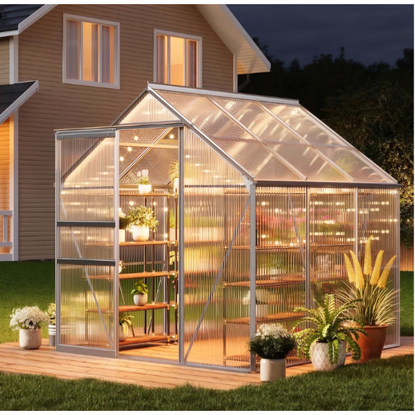 ONLY FRAME 6x6FT Greenhouse for Outdoors, Walk-in Polycarbonate Greenhouse with Sliding Door
