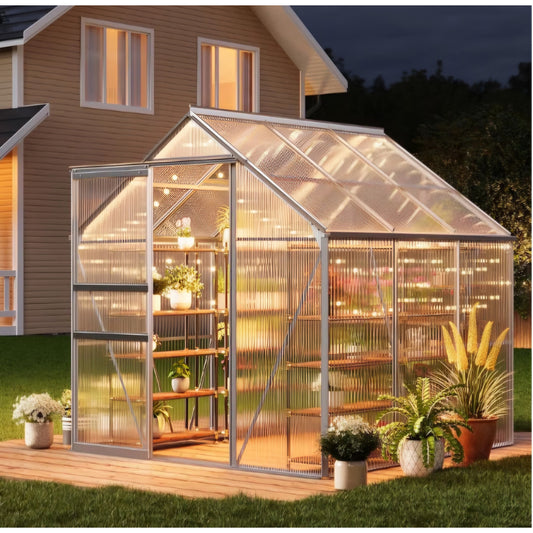 ONLY FRAME 6x6FT Greenhouse for Outdoors, Walk-in Polycarbonate Greenhouse with Sliding Door