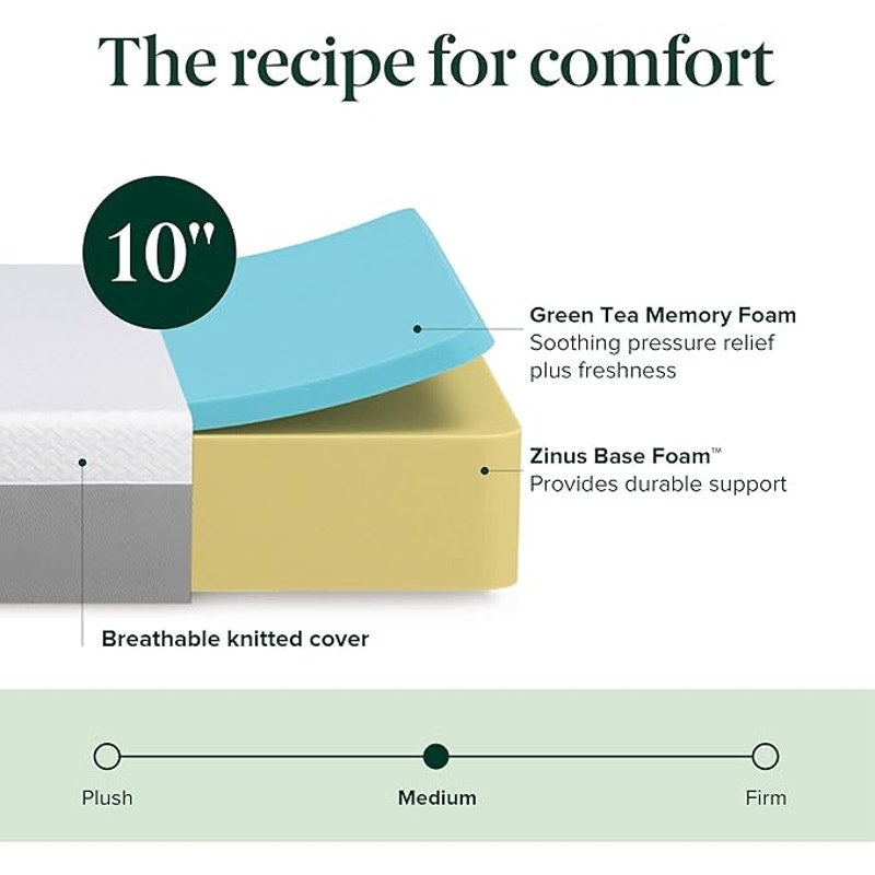 Zinus 10 Inch Green Tea Essential Memory Foam Mattress, Queen, Medium Feel, Mattress in A Box