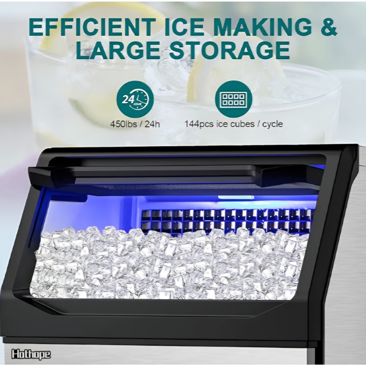 Commercial Ice Maker Machine 450LBS/24H with 77LBS Large Ice Storage Bin, 144Pcs Clear Ice Cubes