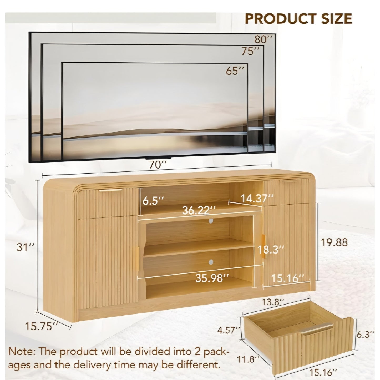 Decofy 70" Fluted TV Stand, Entertainment Center for 80" TVs, Mid Century Modern TV Console Cabinet