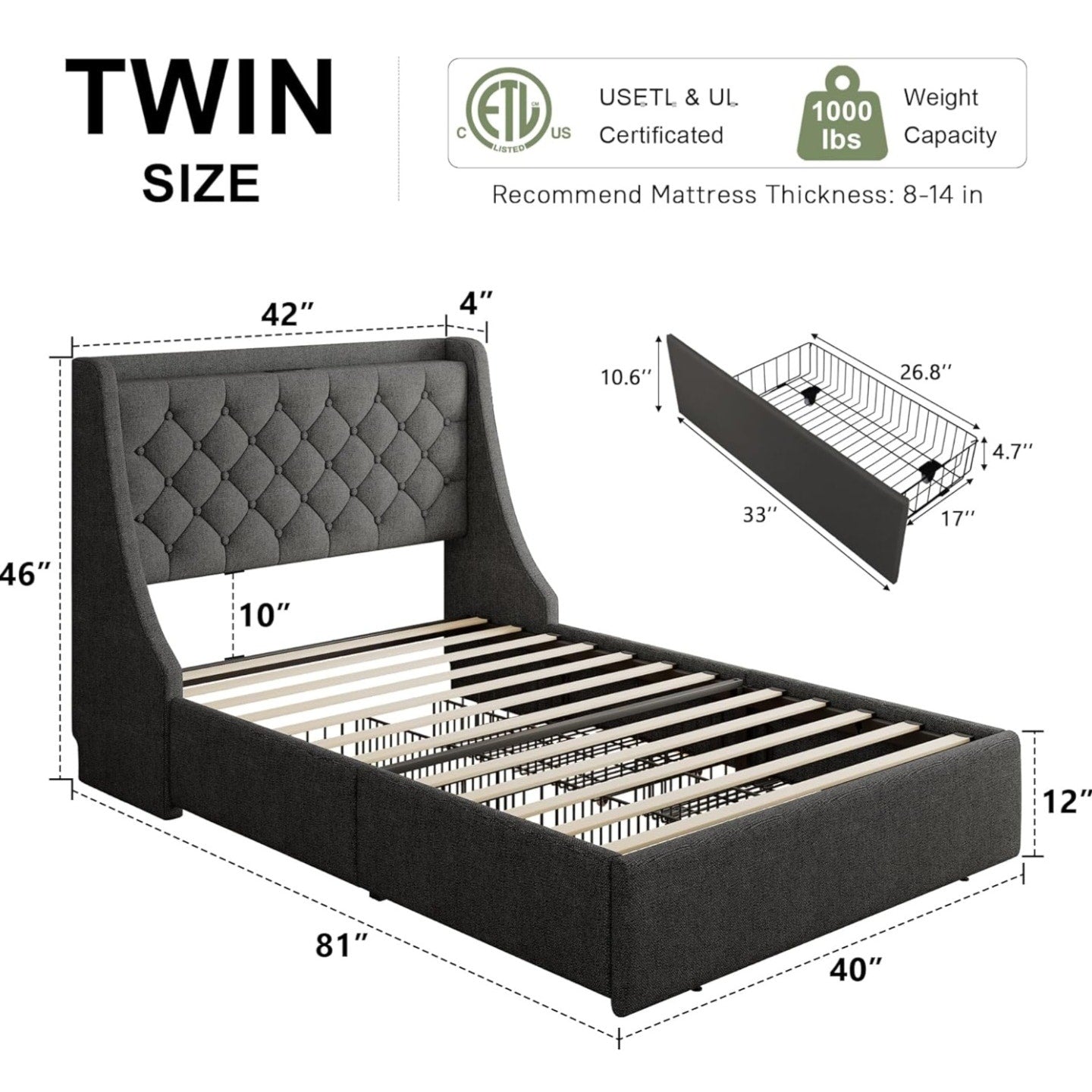 Feonase Twin Bed Frame with 4 Storage Drawers, Upholstered Wingback Headboard, Easy Assembly