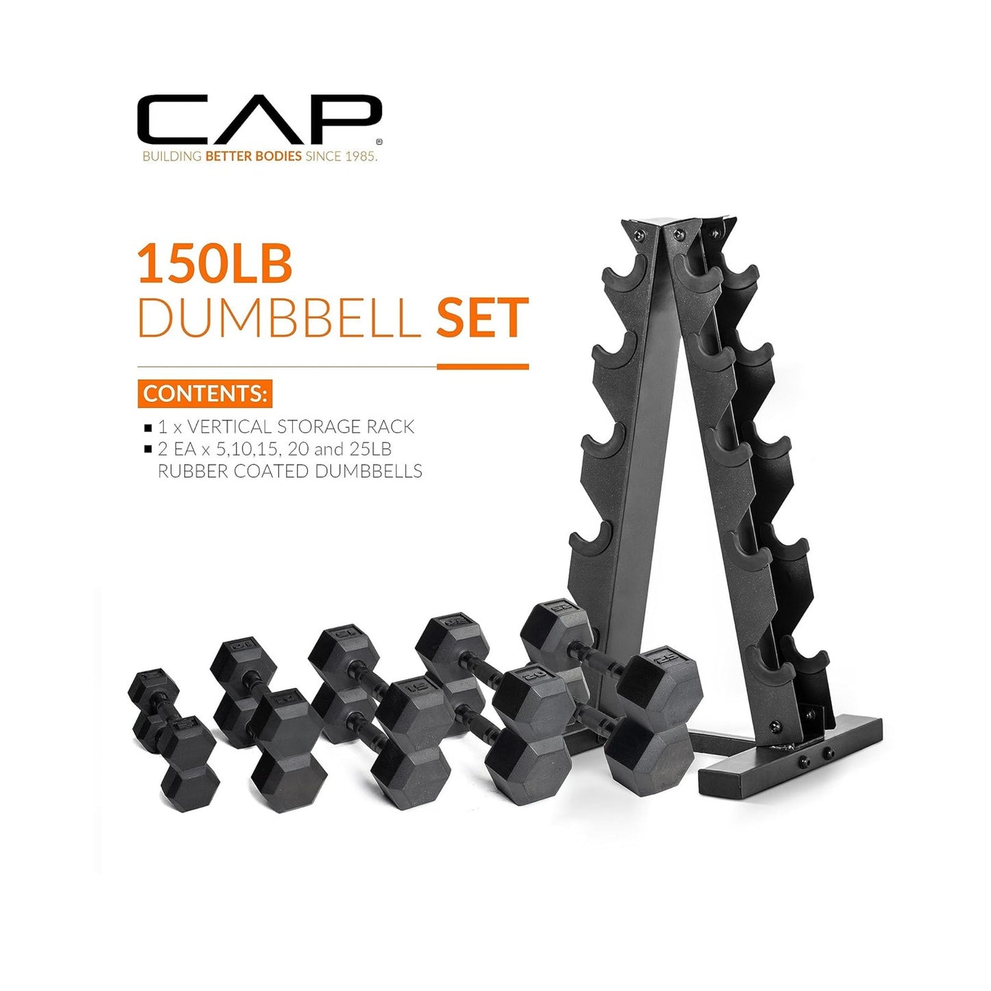 CAP Barbell Rubber Coated Dumbbell Weight Set with Vertical Rack | 150 lbs
