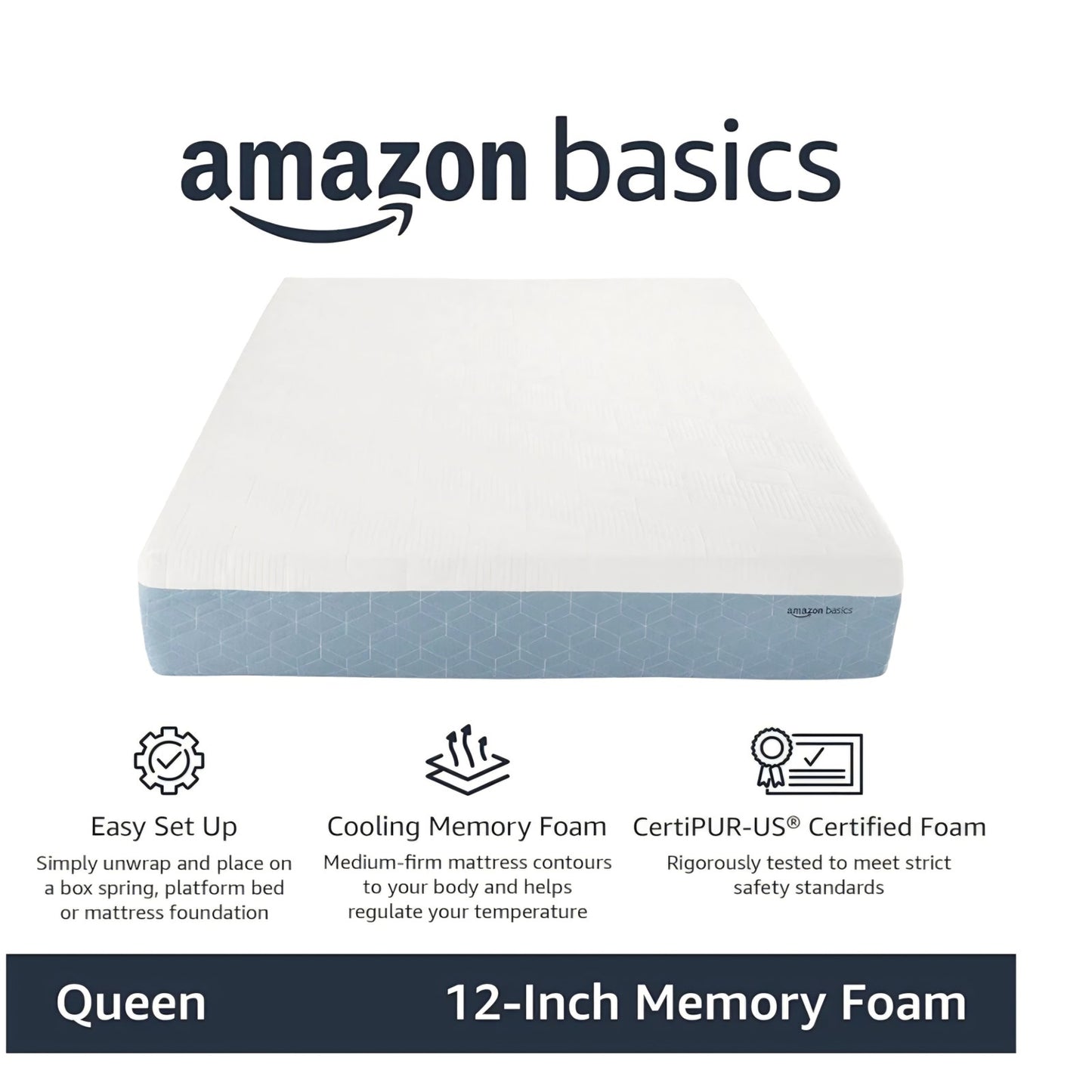 Memory Foam Mattress, Medium Firm, Cooling Gel, Queen Size Mattress, 80 x 60 x 12 inches, White/Gray