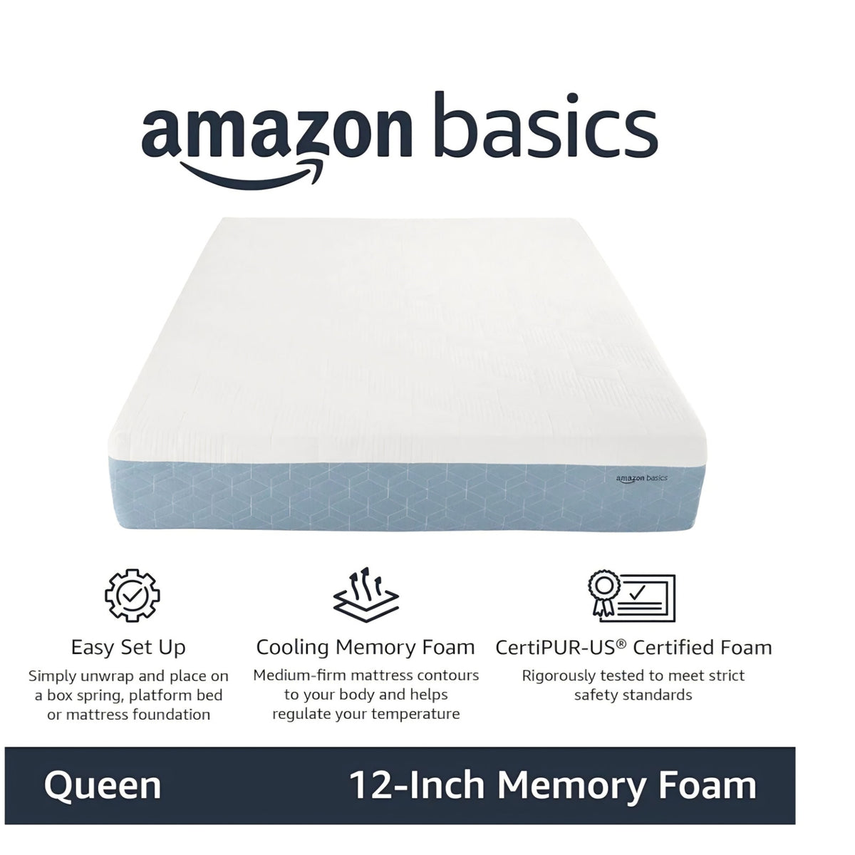 Memory Foam Mattress, Medium Firm, Cooling Gel, Queen Size Mattress, 80 x 60 x 12 inches, White/Gray