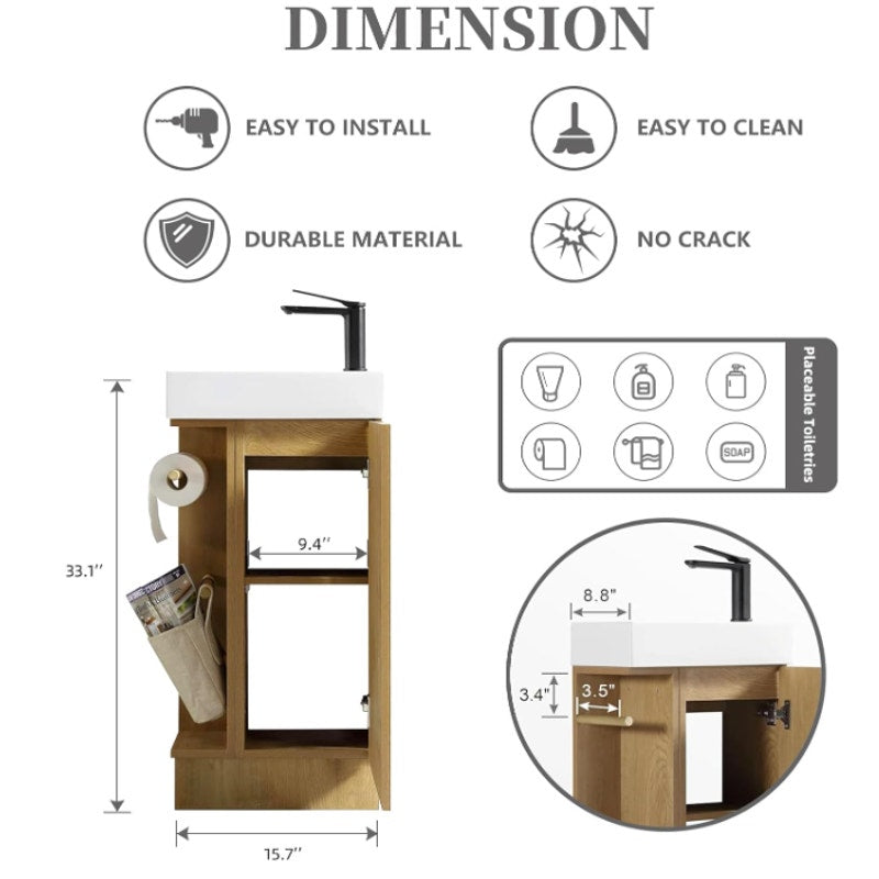 16" Small Bathroom Vanity with Sink - Snaefell Oak:Small Space Fit