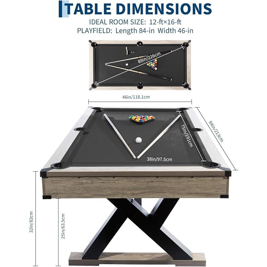 7 FT Prof. Billiard Tablet (2 Cues, 16 Balls, 2 Chalks, Triangle, Brush), 84x46x32 In. Black & Grey