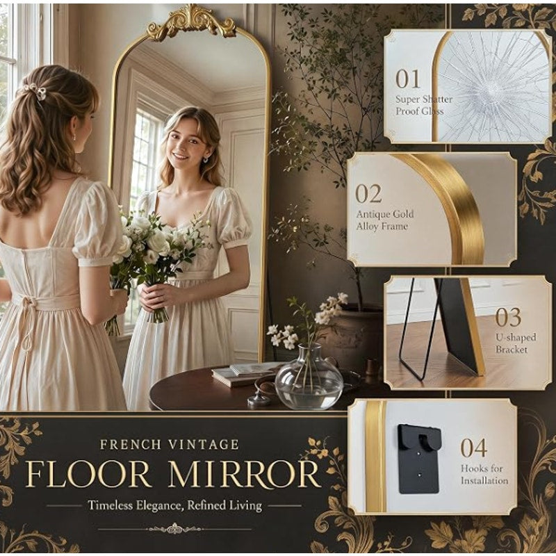 Antok Arched Full Length Mirror, 81"x41" Floor Mirror with Carved, Full Body Mirrors for HomeDecor