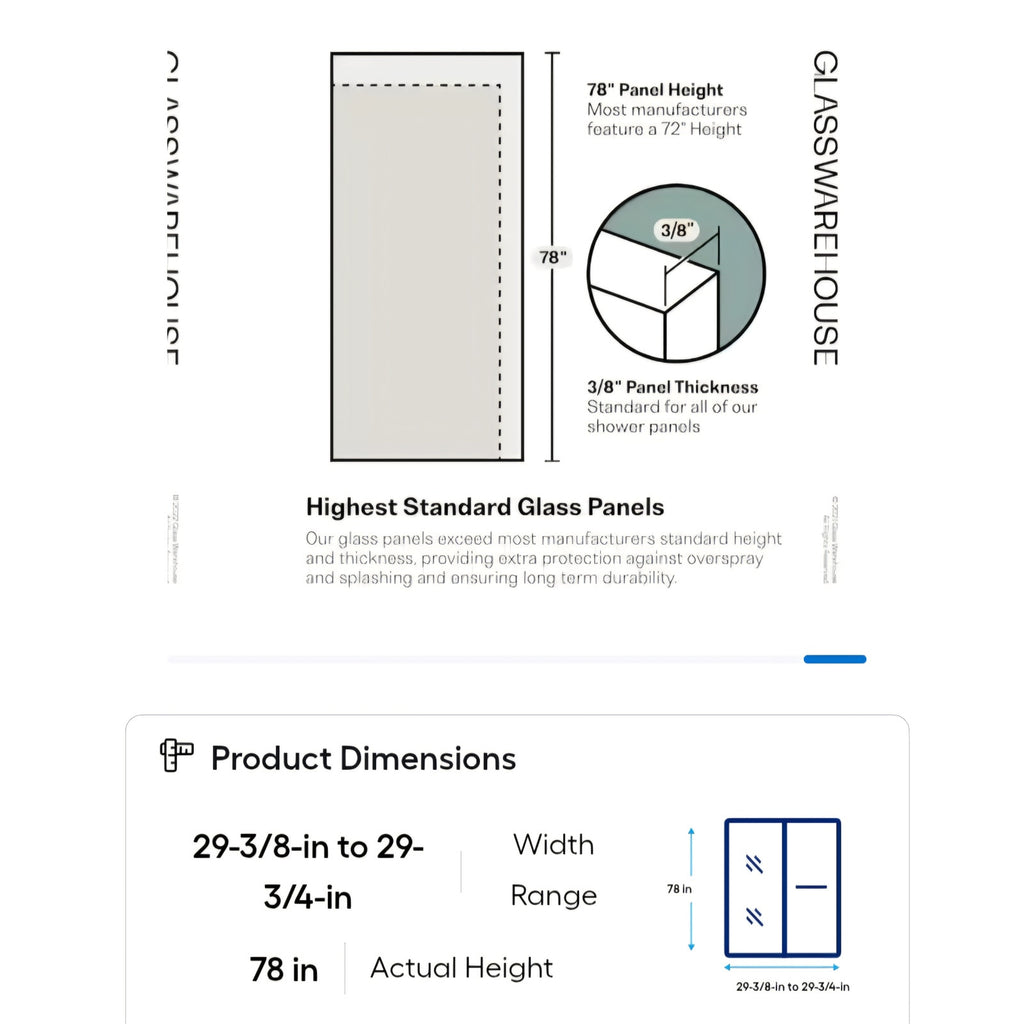 Glass Warehouse Satin Brass 29-3/8-in to 29-3/4-in W x 78-in H Frameless Clear Glass Standard