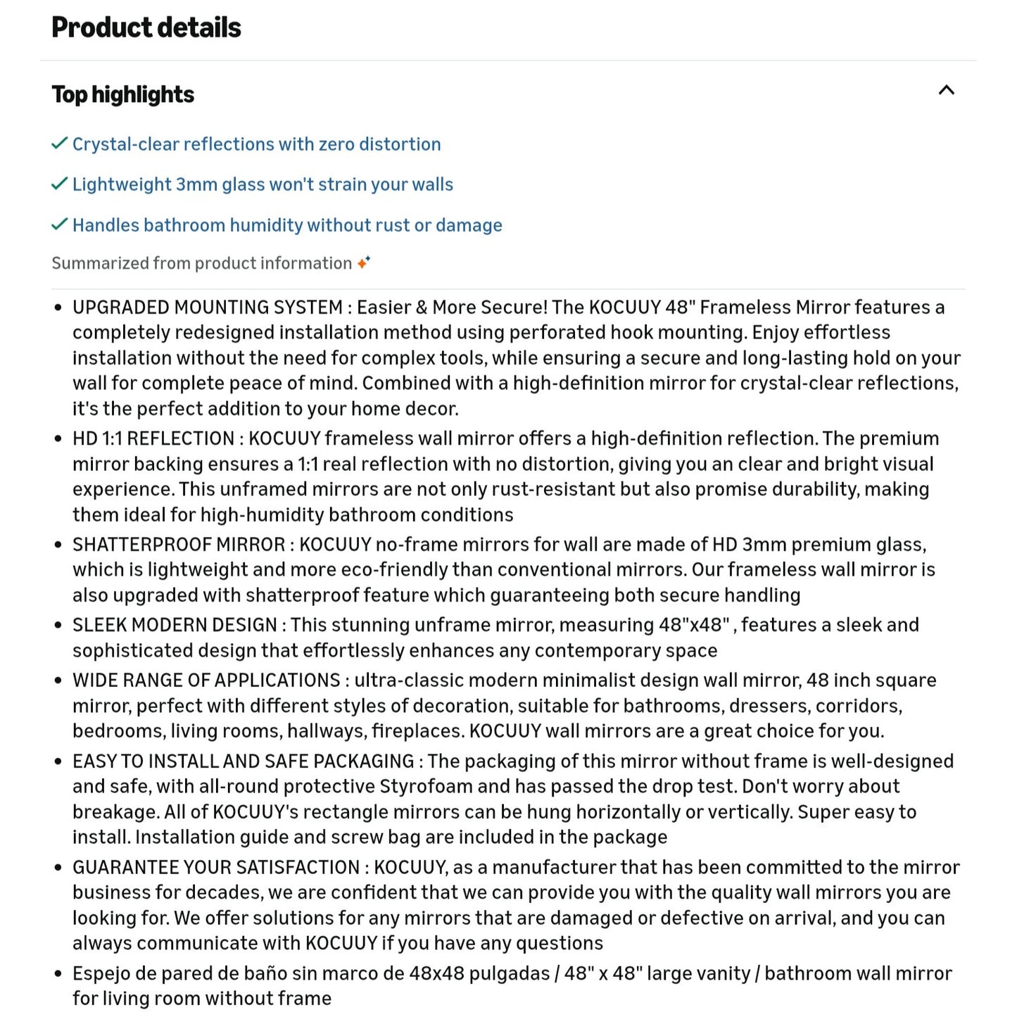 Large Frameless Mirror, 48x48 Inch Square Bathroom Vanity Mirror for Over Sink