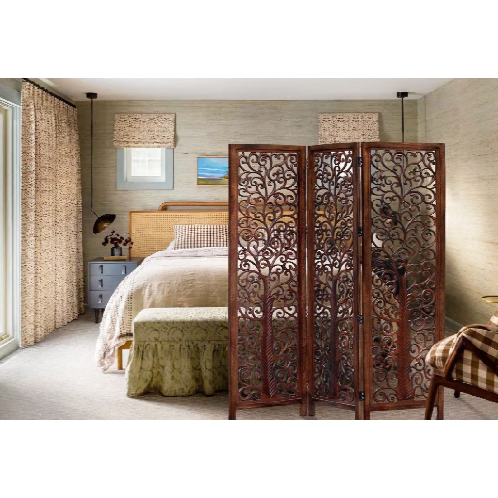 Room Divider Wood Floor Screen - Arbor Tree Antique Brown - Handcrafted 60 x 72 Three Folding Panel