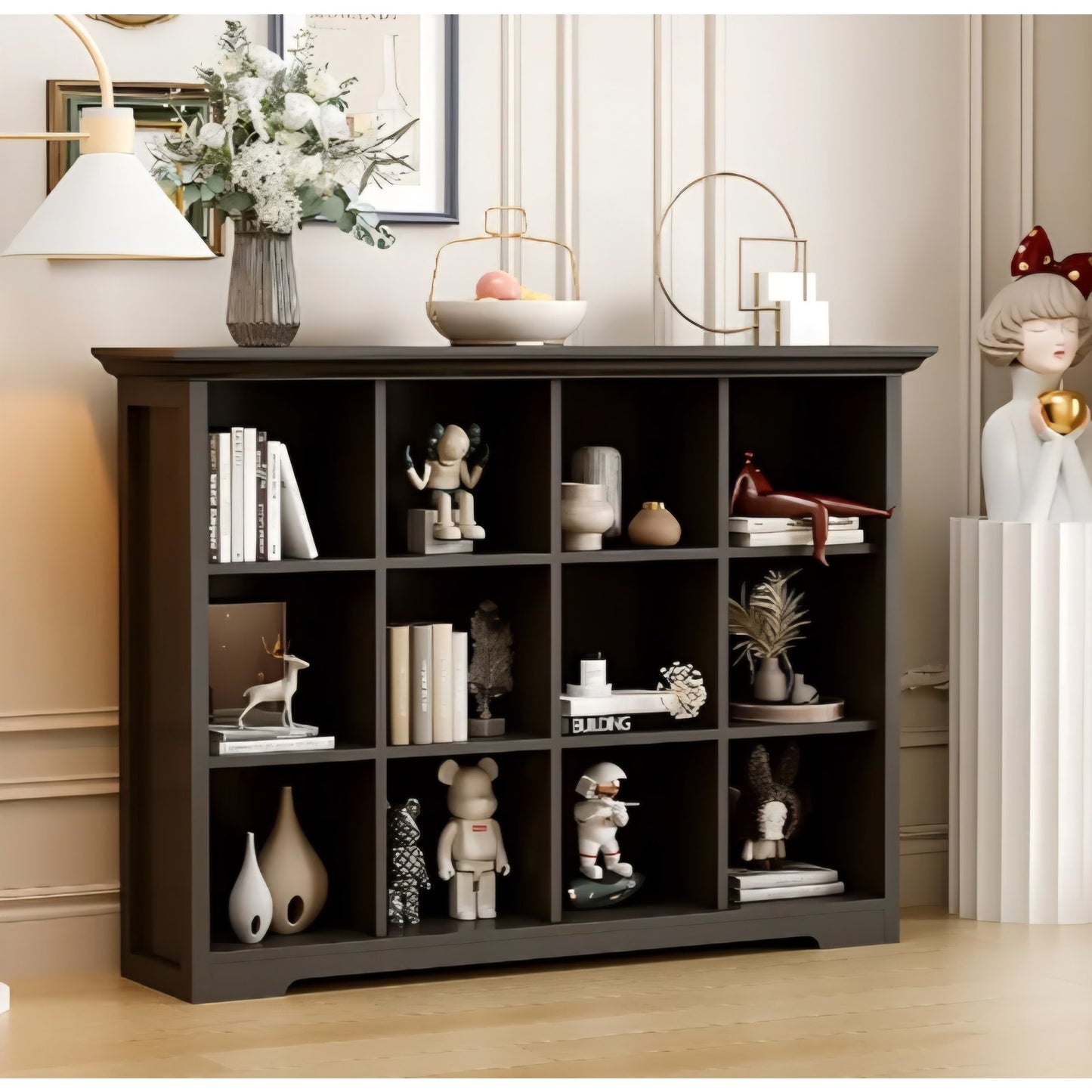 Cube Storage Bookcase with Base - Wooden 3 Tiers Floor Standing Open Shelf Cabinet for Home
