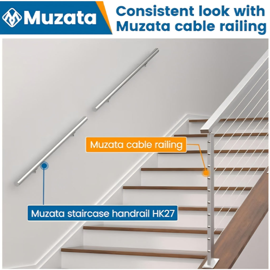 Muzata 5Ft Pre-drilled Stair Handrail 2" OD Round Brushed Wall Mounted Handrail 5 ft