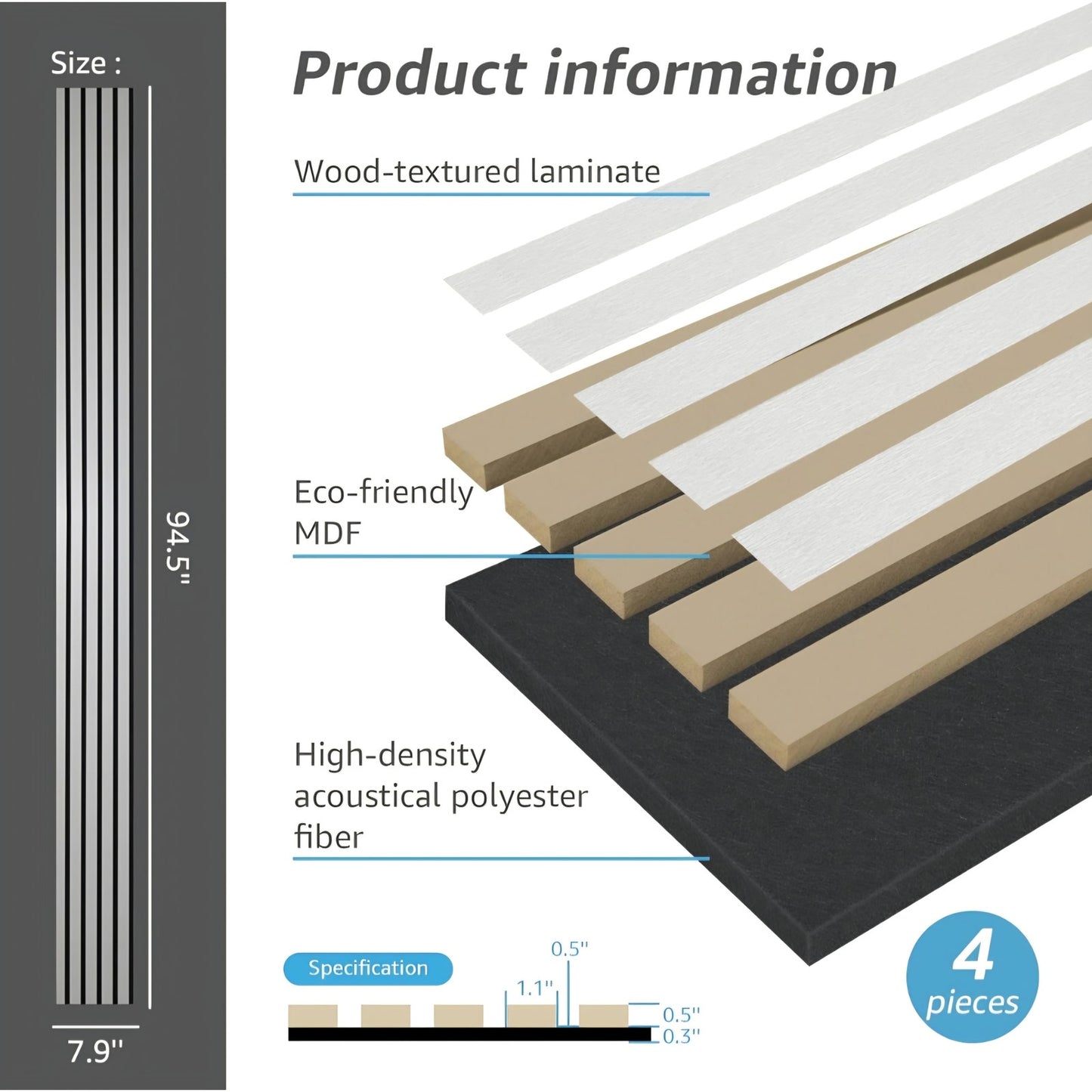 Art3d 4-Piece Wood Slat Acoustic Panels for Stylish Decor and Noise Reduction, Brushd silver