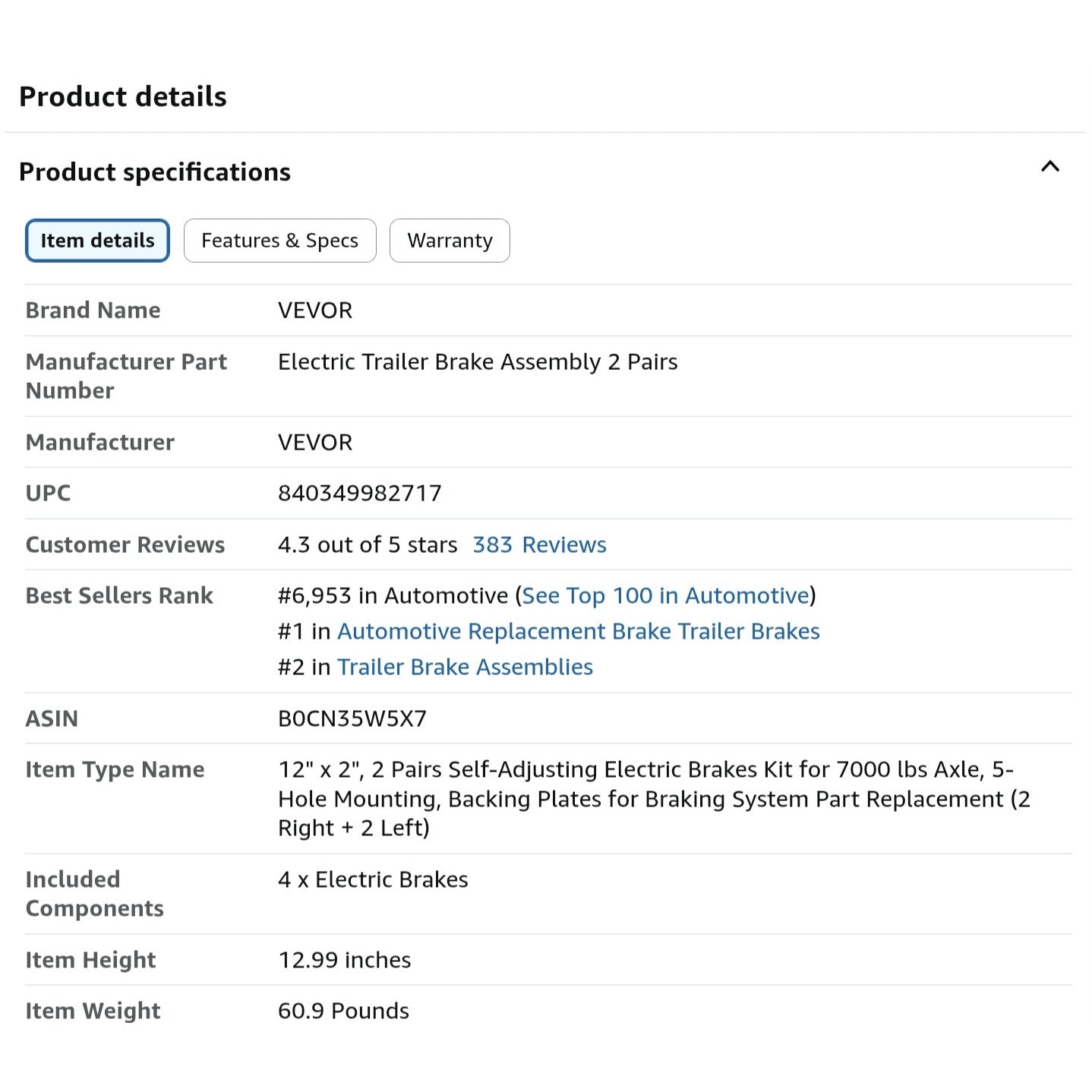 VEVOR Electric Trailer Brake Assembly, 12" x 2", 2 Pairs Self-Adjusting Electric Brakes Kit for