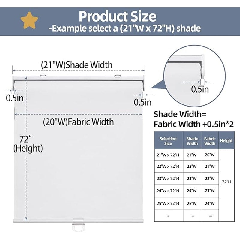 SHADEMOON Cordless Blackout Window Roller Shades, Pull Down Spring System, White, 72"L x 57"W