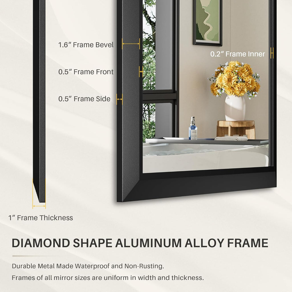 55x30 Inch Black Bathroom Mirror for Wall,Thick Metal Framed Rectangle, Anti-Rust,HD Tempered Glass