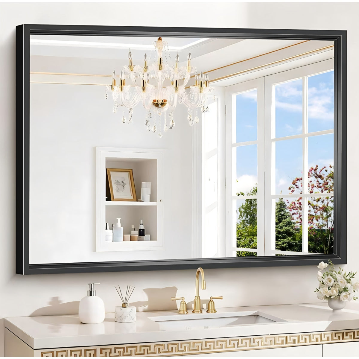 Black Rectangle Mirror, 48 x 36 Inch Large Bathroom Mirrors for Over Sink, 0.6" Thickened Deep Fram