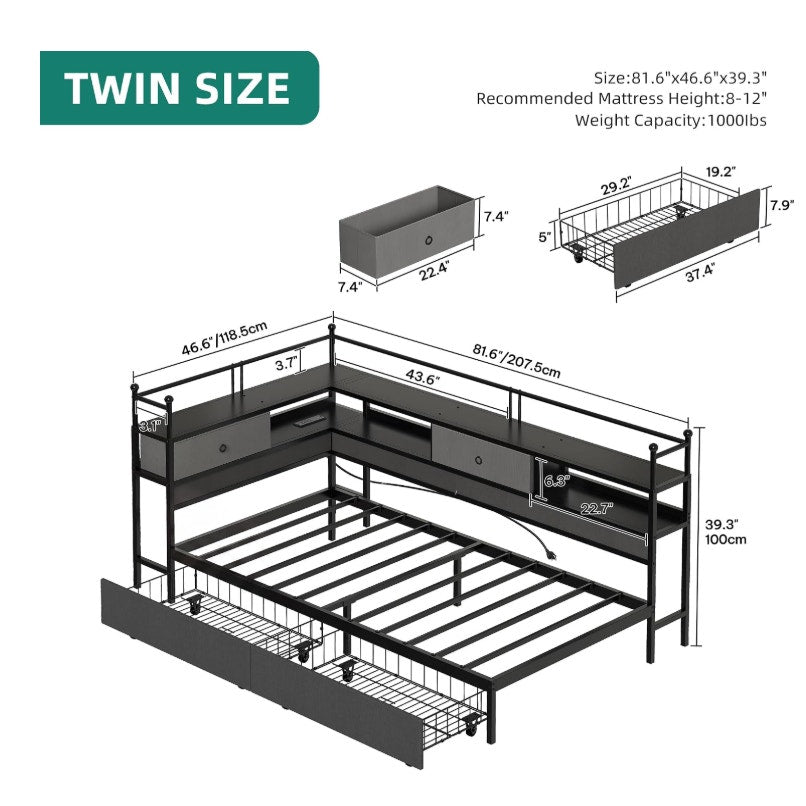 YITAHOME Twin Corner Bed Frame with Bookcase Storage and Led Lights