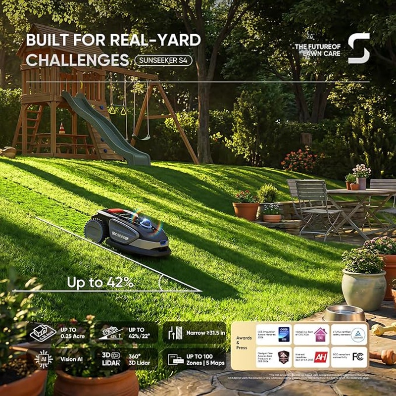 Sunseeker S4 LiDAR Robot Lawn Mower for Up to 0.25 Acre (1000 m²), Vision AI + 360° 3D LiDAR GPS