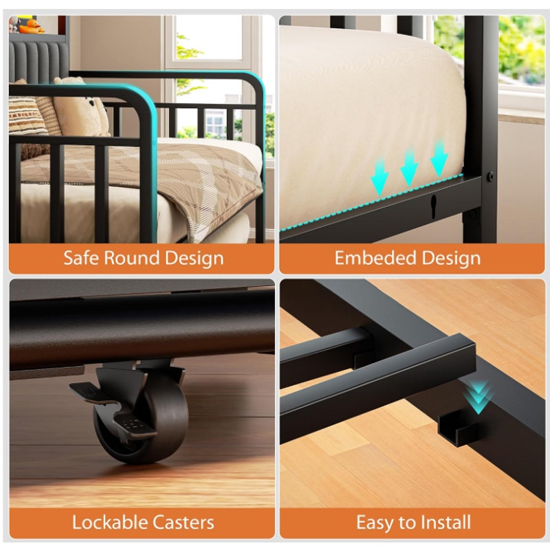 Heavy Duty Metal Twin Bed Frame with Upholstered Storage Headboard & Charging Station