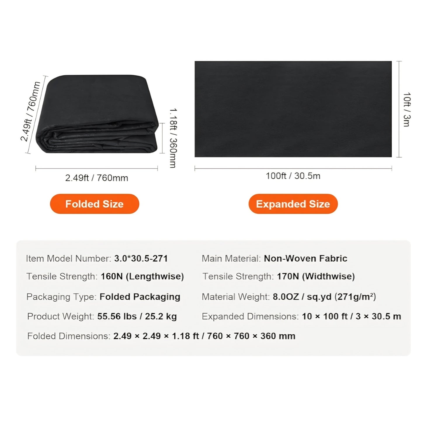 VEVOR Geotextile Landscape, 10ft x 100ft 8 oz Non-Woven PP Drainage 350N Tensile Strength & 440 N