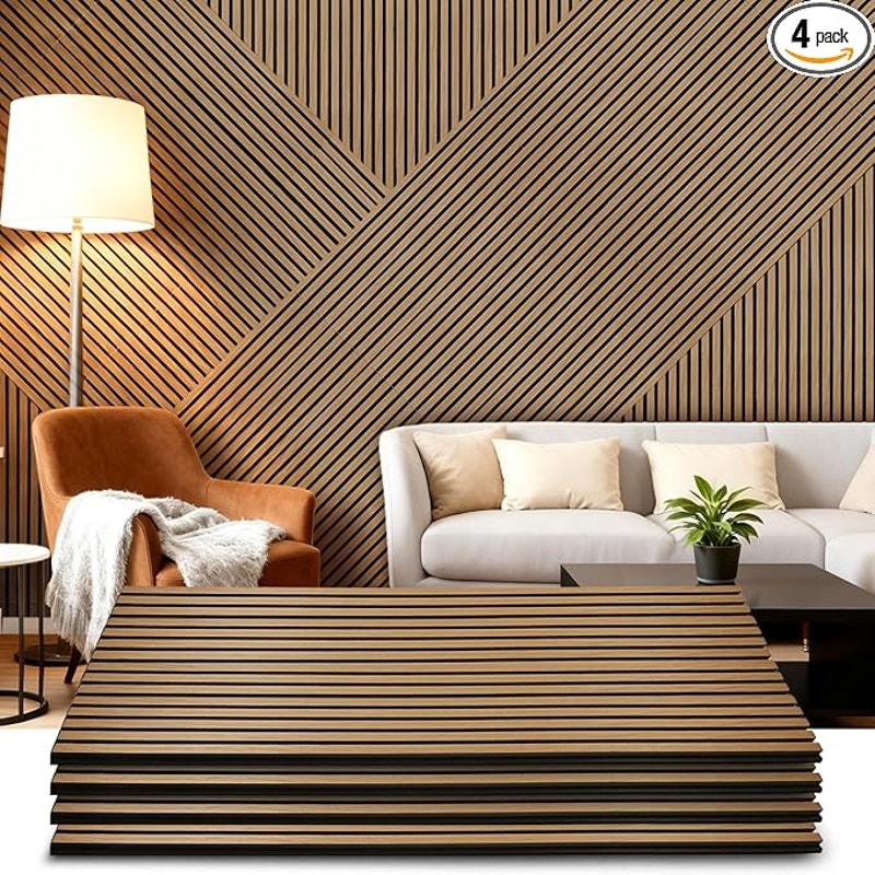 Acoustic Wood Wall Panels 4 Pack 47.6" x 23.6" for Interior Wall Decor-Teak (Cover Approx.31 sq.ft)