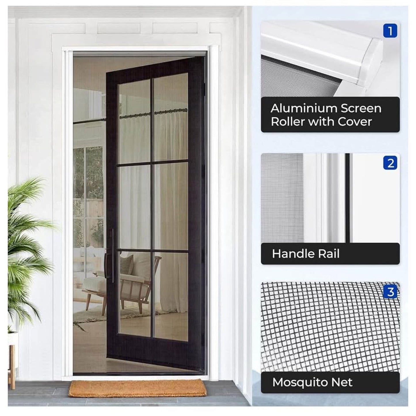 Retractable Door Screen for Single Door,Free Stop Sliding Patio Doors, Durable White Aluminium Frame