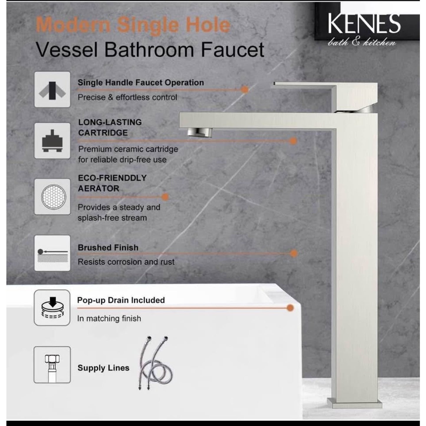 KENES Brushed Nickel Vessel Sink Facuet Single Handle Tall Bathroom Sink Faucet Vanity Bathroom Fauc