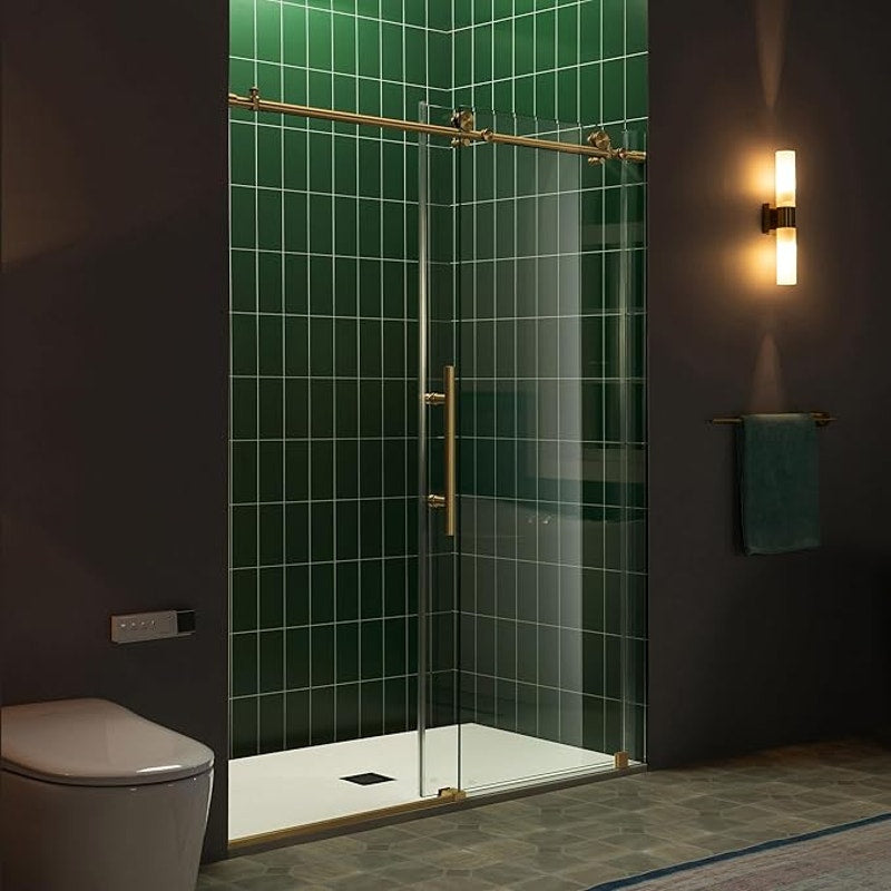 Woodbridge 57.5-60" W x 80" H Frameless Single Sliding Soft-Close Shower in Brushed Gold Finish