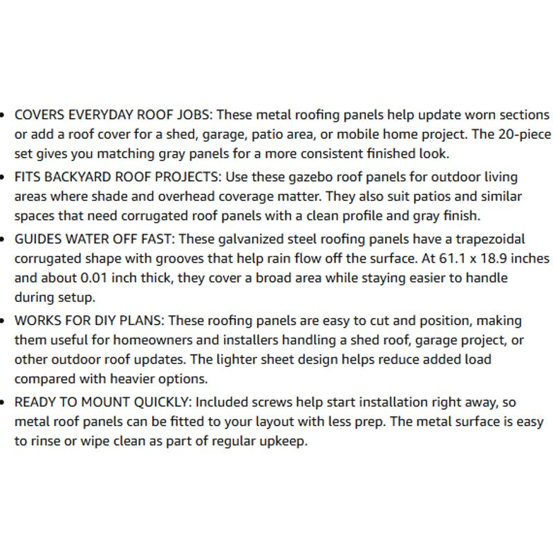 20 Pcs Metal Roofing Panels 67 Inch x 20 Inch, Corrugated Roof Panels in Galvanized Steel