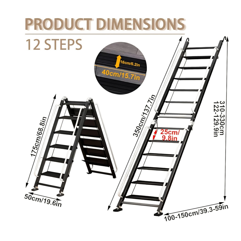 Foldable Aluminum Loft Stairs Ladder, 12 Step Folding Bunk Bed Ladders with Handrails