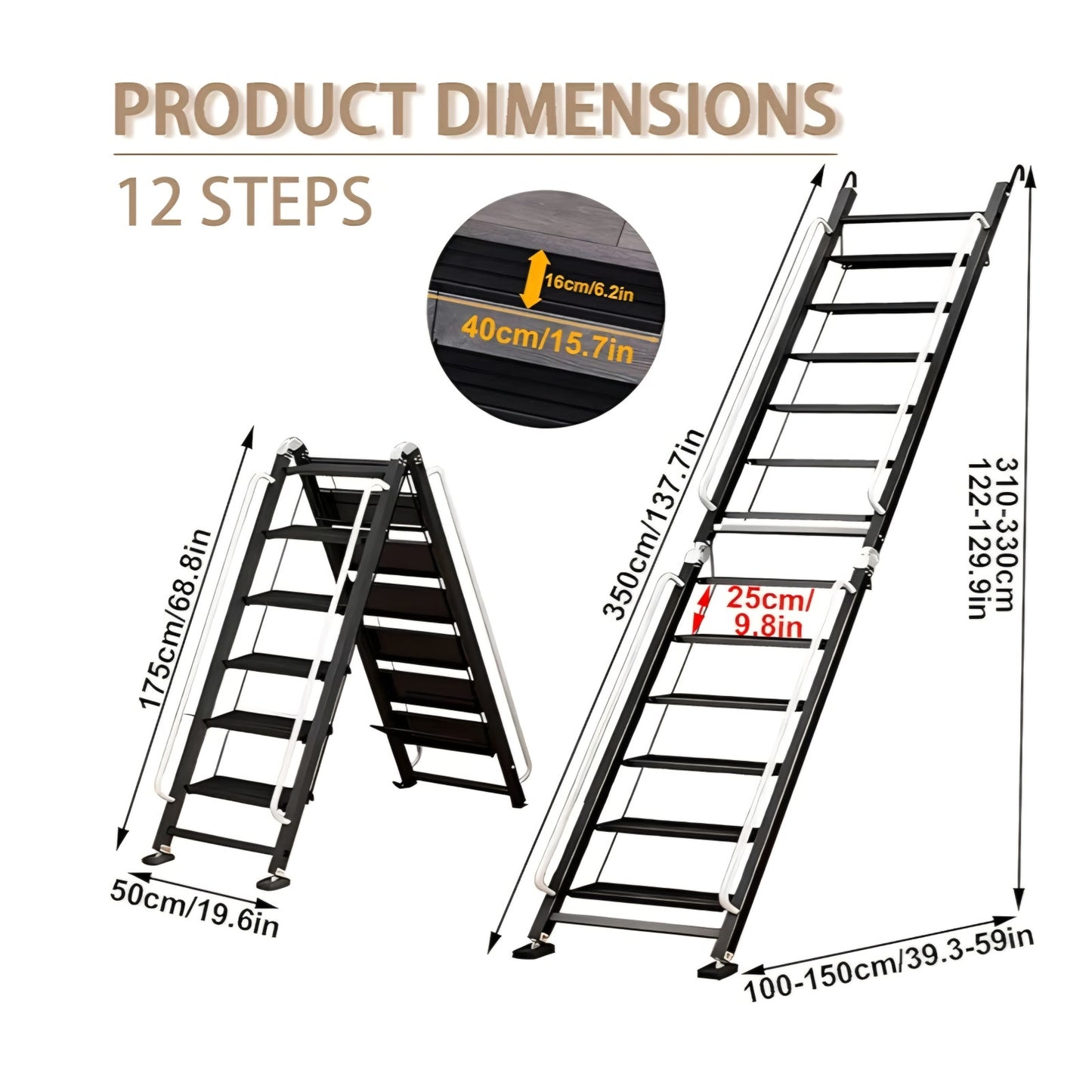 Foldable Aluminum Loft Stairs Ladder, 12 Step Folding Bunk Bed Ladders with Handrails