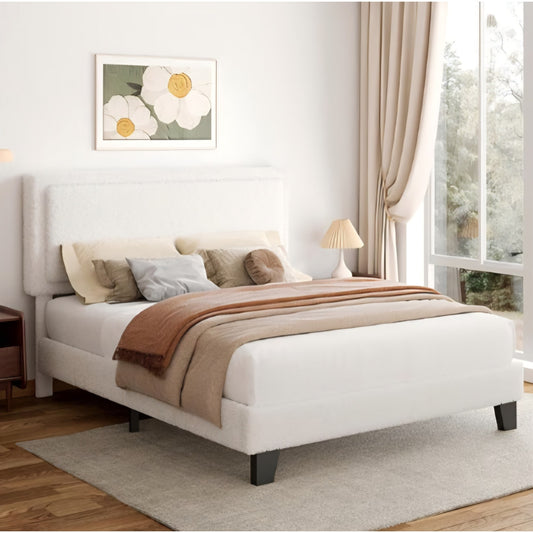 Queen Size Bed Frame, Upholstered Platform Bed Frame with Adjustable Headboard, Soft Boucle Fabric