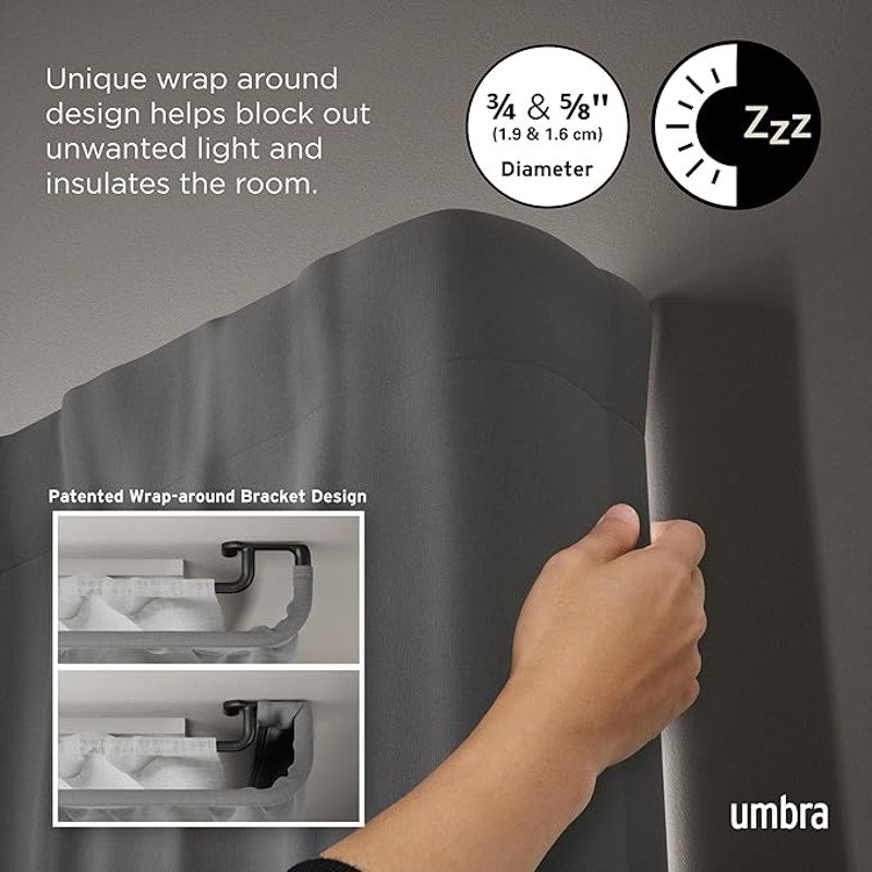Umbra Twilight Double Curtain Rod Set –Wrap Around Design is Ideal for Blackout, 66-144 Inch, Black